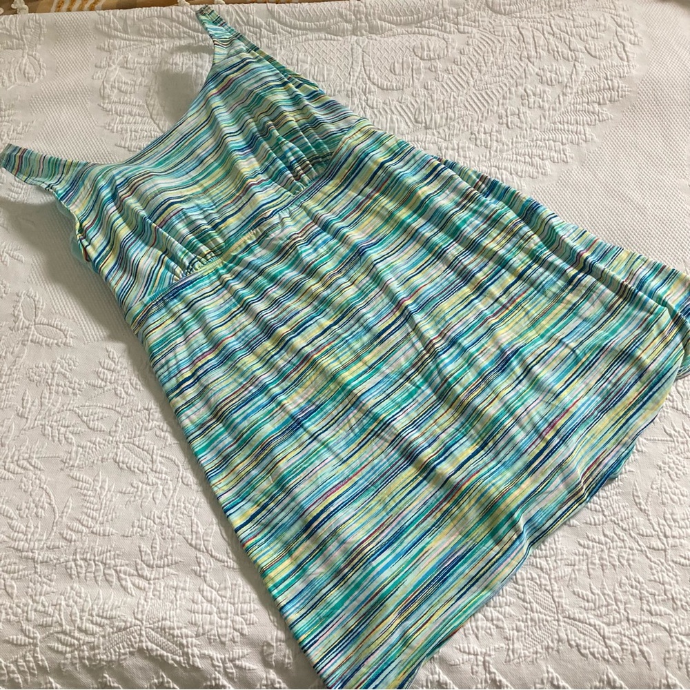 Lands' End Striped One-Piece Swim Dress in Aqua, Blue, Green